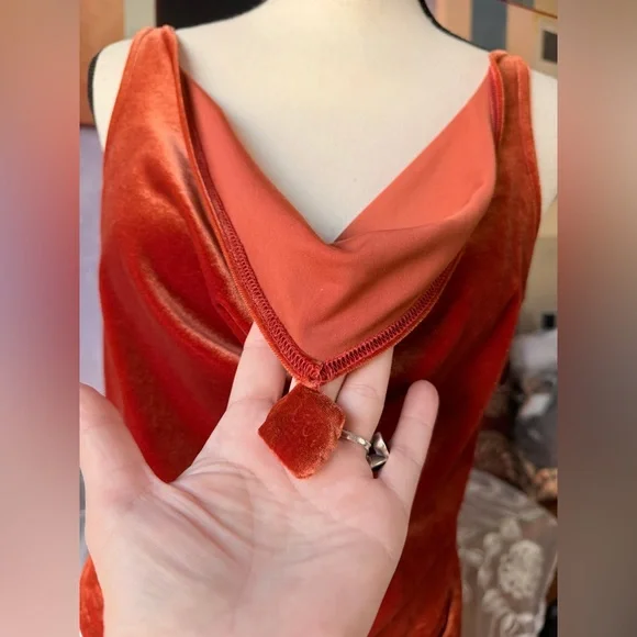 Striking Burnt Orange Velvet Cowl Neck Drape Top